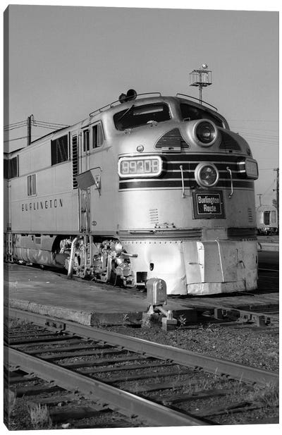 1950s-1960s Streamlined Burlington Route Railroad Train Diesel Locomotive Engine At Station Canvas Art Print - Train Art