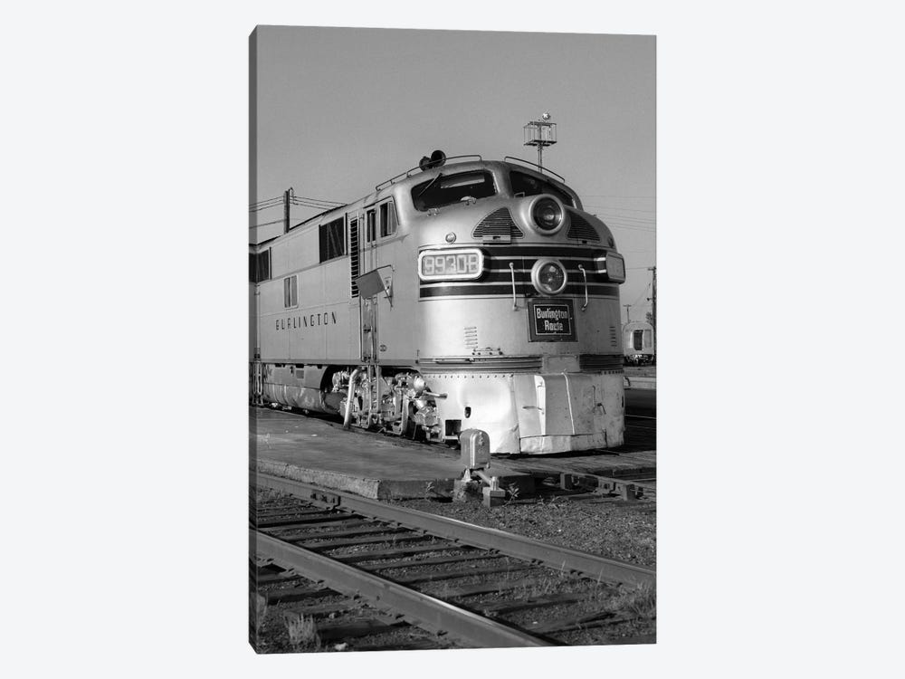 1950s-1960s Streamlined Burlington Route Railroad Train Diesel Locomotive Engine At Station by Vintage Images 1-piece Canvas Print