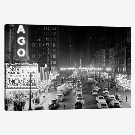 1953 Night Scene Of Chicago State Street With Traffic And Movie Marquee With Pedestrians On The Sidewalks Canvas Print #VTG389} by Vintage Images Canvas Print