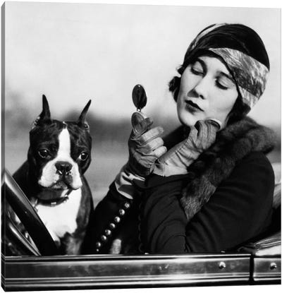 1920s Flapper In Convertible Powdering Her Cheek In Mirror With Boston Bulldog In Her Lap Canvas Art Print - Vintage Images