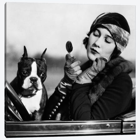 1920s Flapper In Convertible Powdering Her Cheek In Mirror With Boston Bulldog In Her Lap Canvas Print #VTG38} by Vintage Images Canvas Print