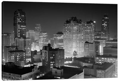 1954 Night Skyline Retail Business Area Detroit Michigan USA Canvas Art Print - Black & White Photography