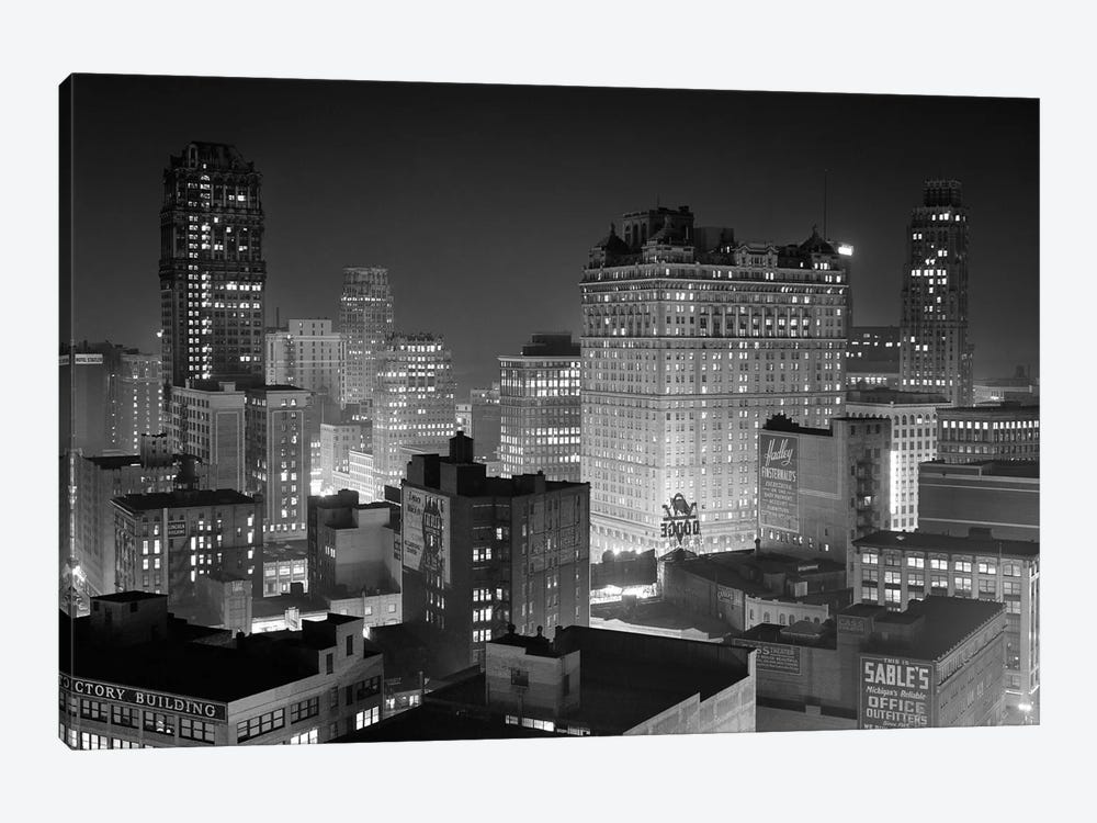 1954 Night Skyline Retail Business Area Detroit Michigan USA by Vintage Images 1-piece Canvas Art