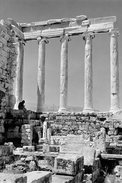 Athens: 1960s Anonymous Book Reader Sitting Among Greek Columns Architecture Ruins Before Restoration Parthenon Athens Acropolis by Vintage Images