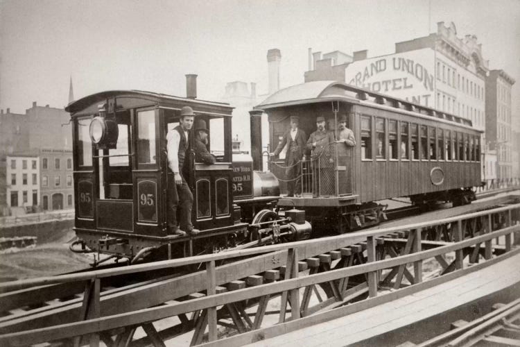 1880s Men On Board Elevated Locomotive & Passenger Car On East 42nd Street Grand Union Hotel In Background New York City USA