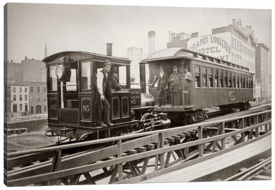 1880s Men On Board Elevated Locomotive & Passenger Car On East 42nd Street Grand Union Hotel In Background New York City USA Canvas Art Print - Sepia Photography