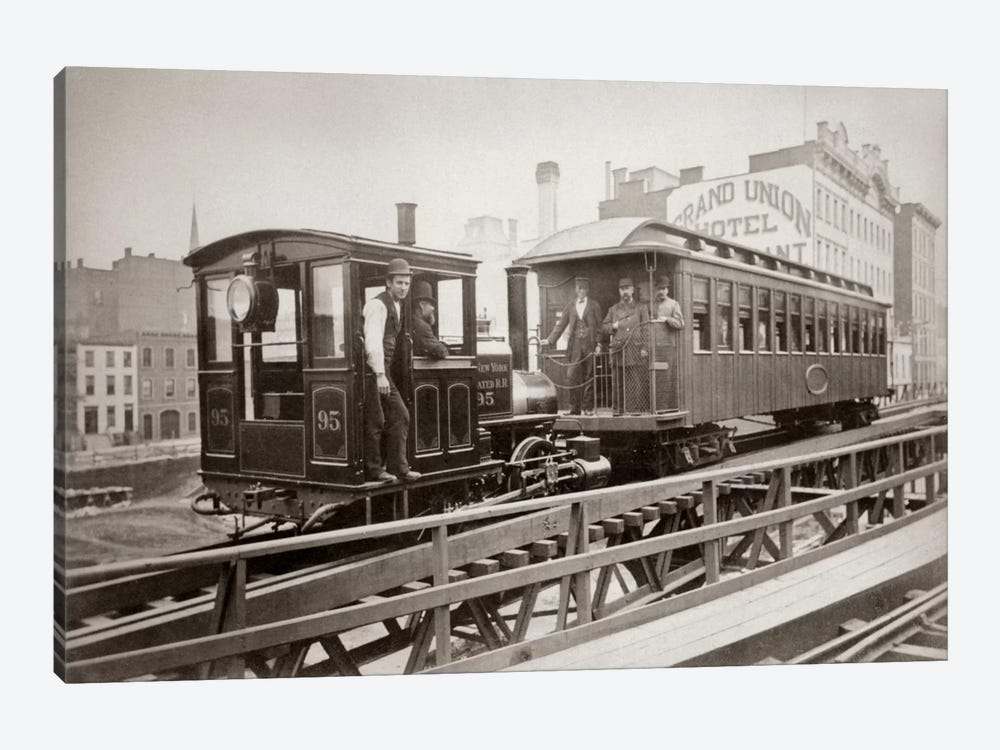 1880s Men On Board Elevated Locomotive & Passenger Car On East 42nd Street Grand Union Hotel In Background New York City USA by Vintage Images 1-piece Art Print