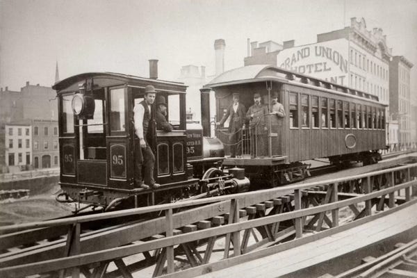 1880s Men On Board Elevated Locomotive & Passenger Car On East 42nd Street Grand Union Hotel In Background New York City USA