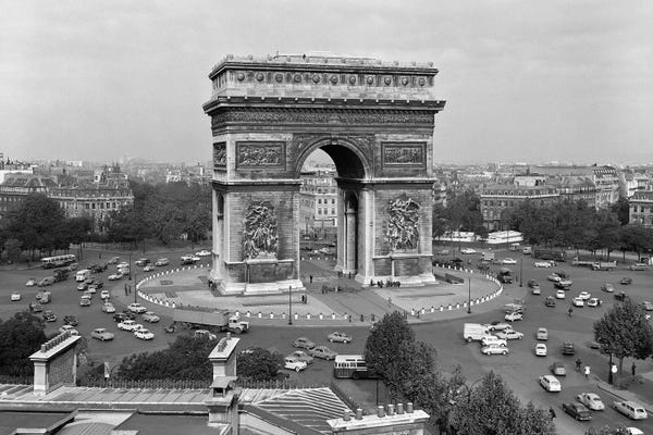 Île-de-France: 1960s Arc De Triomphe In Center Of Place de l'Etoile Champs Elysees At Lower Right Paris France by Vintage Images