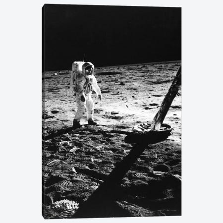 1960s Astronaut Buzz Aldrin In Space Suit Walking On The Moon Near The Apollo 11 Lunar Module July 20, 1969 Canvas Print #VTG402} by Vintage Images Canvas Wall Art