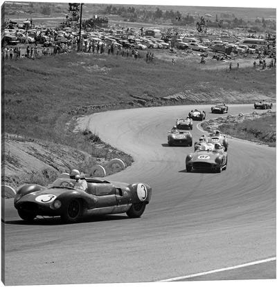 1960s Auto Race On Serpentine Section Of Track With Spectators Watching From Small Hill Canvas Art Print - Vintage Images