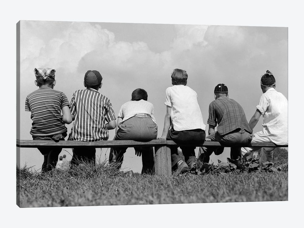 1960s Back View Of Six Anonymous Boy Baseball Players Sitting On Bench by Vintage Images 1-piece Canvas Art Print