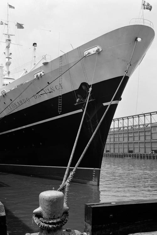 1960s Bow Of Leonardo Da Vinci Ship Tied Down To Dock With Man Scrubbing Retracted Anchor