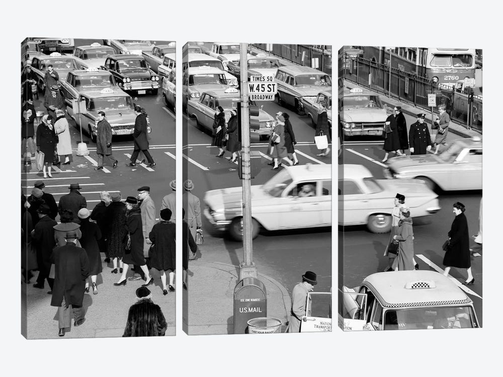 1960s Busy Intersection Cars Traffic Pedestrians Times Square Broadway And West 45Th Street New York City USA by Vintage Images 3-piece Canvas Artwork