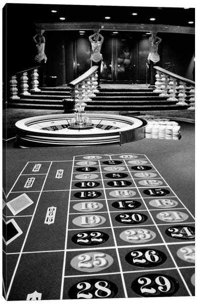 1960s Casino Viewed From End Of Roulette Table Opposite Of Wheel Looking Toward Statues Of Female Showgirls Canvas Art Print - Vintage & Retro Photography