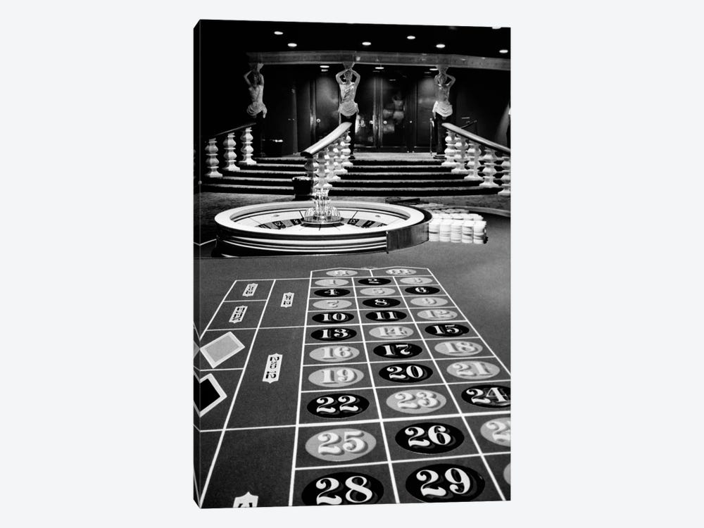 1960s Casino Viewed From End Of Roulette Table Opposite Of Wheel Looking Toward Statues Of Female Showgirls by Vintage Images 1-piece Canvas Wall Art