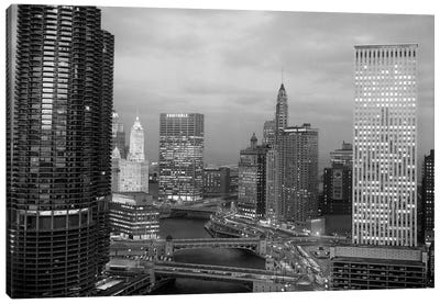 1960s Chicago River Bridges And Downtown Skyline At Dusk Chicago Il USA Canvas Art Print - Chicago Art