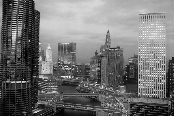 Illinois: 1960s Chicago River Bridges And Downtown Skyline At Dusk Chicago Il USA by Vintage Images