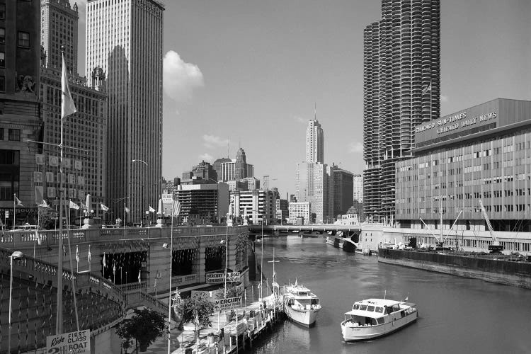 1960s Chicago River From Michigan Avenue Sun Times Building On Right And Boats In River