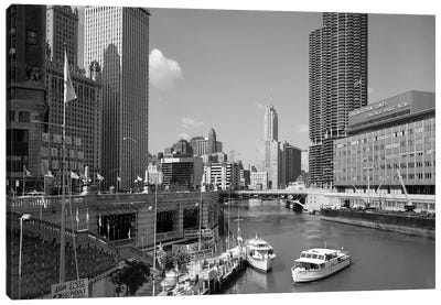 1960s Chicago River From Michigan Avenue Sun Times Building On Right And Boats In River Canvas Art Print - Illinois Art