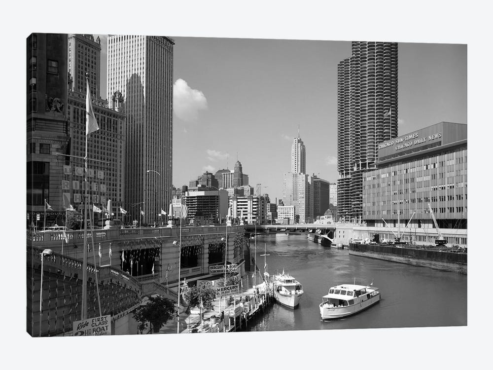 1960s Chicago River From Michigan Avenue Sun Times Building On Right And Boats In River by Vintage Images 1-piece Canvas Wall Art
