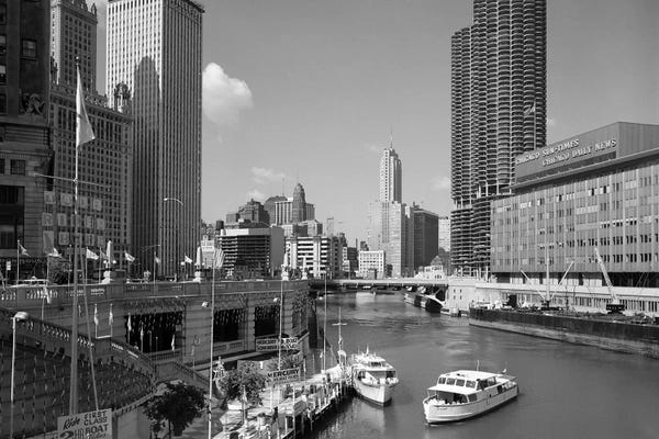 Chicago: 1960s Chicago River From Michigan Avenue Sun Times Building On Right And Boats In River by Vintage Images