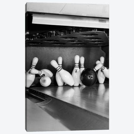 1960s Close-Up Of Bowling Ball Hitting Pins II Canvas Print #VTG417} by Vintage Images Canvas Artwork
