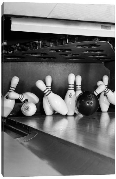 1960s Close-Up Of Bowling Ball Hitting Pins II Canvas Art Print - Bowling