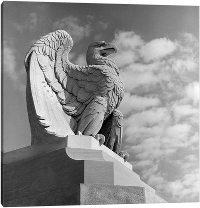 1960s Eagle Statue Against Sky Clouds Wings Spread Feathers Talons Curled Over Edge Of Base Philadelphia 30th Street Canvas Art Print - Sculpture & Statue Art
