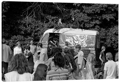 1960s Gathering Of Hippie Kids In Woods With Psychedelic Painted Van In Background Canvas Art Print - Vintage Images