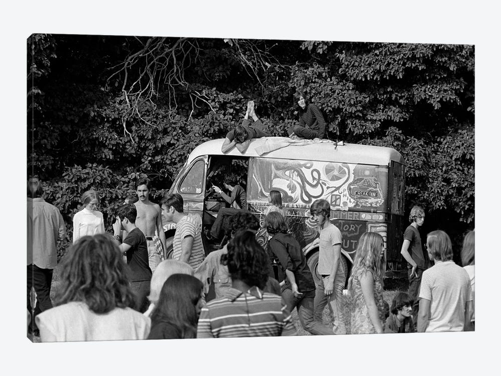 1960s Gathering Of Hippie Kids In Woods With Psychedelic Painted Van In Background by Vintage Images 1-piece Canvas Artwork