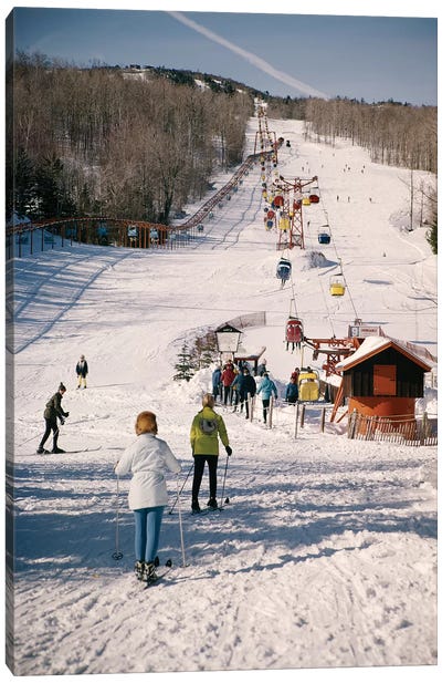 1960s Group Of People Men Women At Bottom Of Slope Going To Get On Ski Lift Skis Skiing Mountain Resort Canvas Art Print - Skiing Art