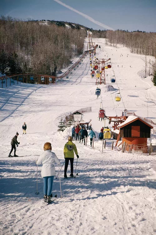 1960s Group Of People Men Women At Bottom Of Slope Going To Get On Ski Lift Skis Skiing Mountain Resort