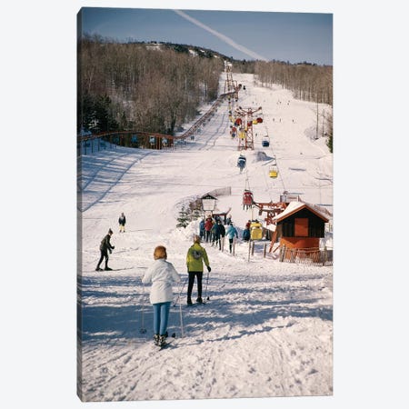 1960s Group Of People Men Women At Bottom Of Slope Going To Get On Ski Lift Skis Skiing Mountain Resort Canvas Print #VTG426} by Vintage Images Art Print