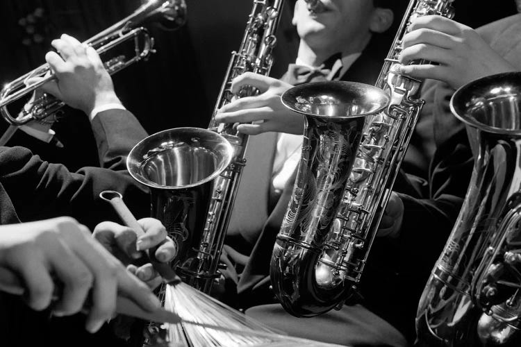 1960s Hands Of Anonymous Jazz Combo Playing Saxophones Trumpet And Cymbal With Wire Brush Drumstick