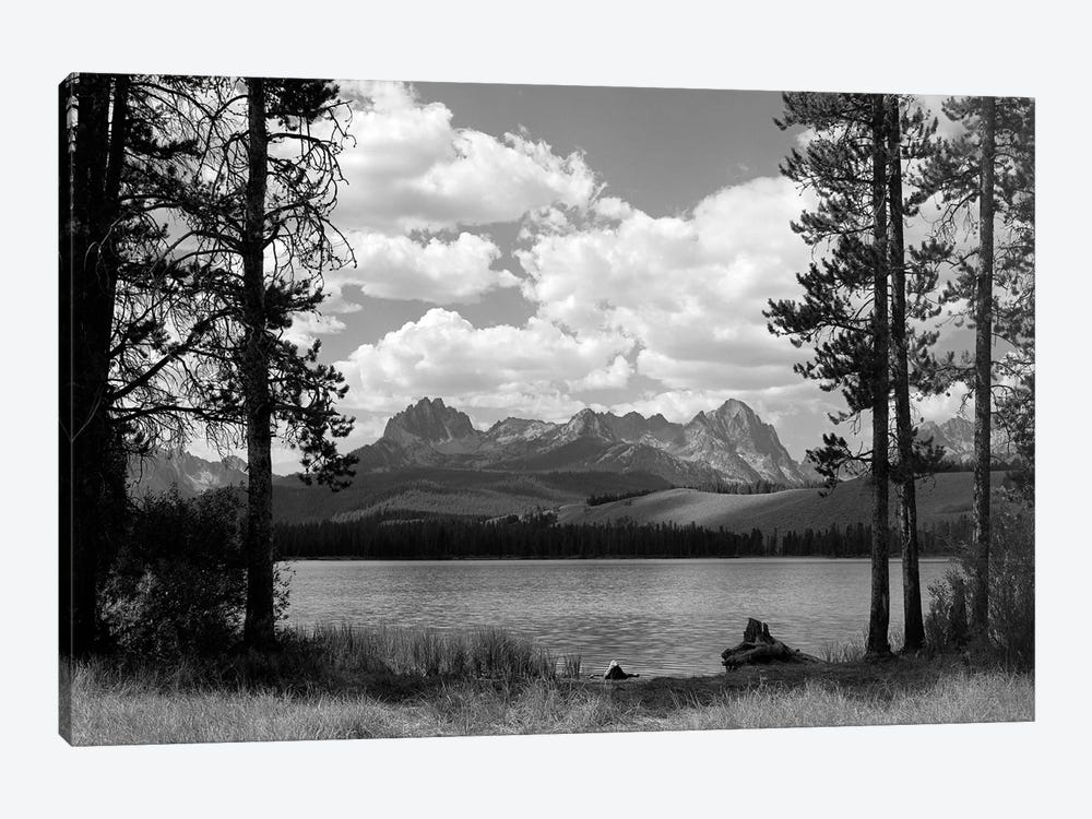 1960s Little Red Fish Lake In Idaho With Saw Tooth Mountains In Background Viewed Between Clearing In Trees by Vintage Images 1-piece Art Print