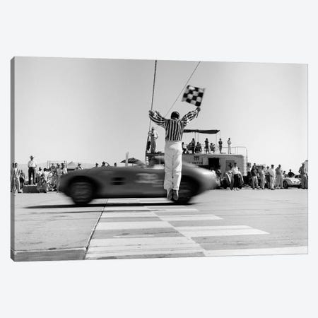 1960s Man Jumping Waving Checkered Flag For Winning Sports Car Crossing The Finish Line Canvas Print #VTG434} by Vintage Images Canvas Artwork