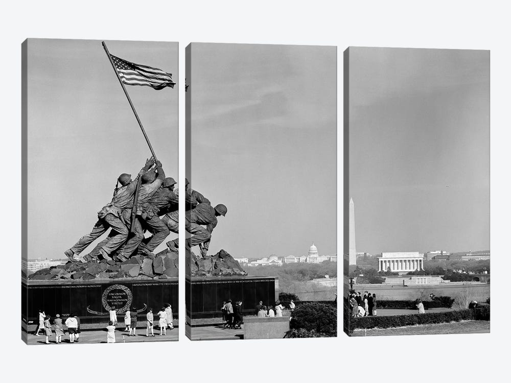 1960s Marine Corps Monument In Arlington With Washington Dc Skyline In Background by Vintage Images 3-piece Art Print