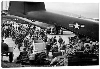 1960s Military Personnel Gathered Under Tails Of Planes In Airfield Waiting To Be Airlifted For Special Operation In Vietnam Canvas Art Print - Military Aircraft Art