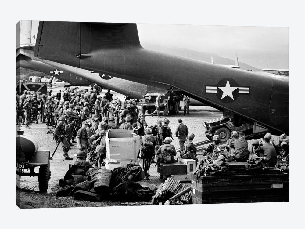 1960s Military Personnel Gathered Under Tails Of Planes In Airfield Waiting To Be Airlifted For Special Operation In Vietnam by Vintage Images 1-piece Canvas Print