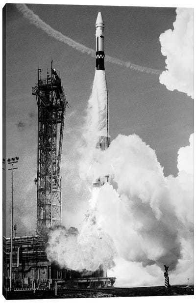 1960s Missile Taking Off From Launch Pad Canvas Art Print - Space Shuttle Art