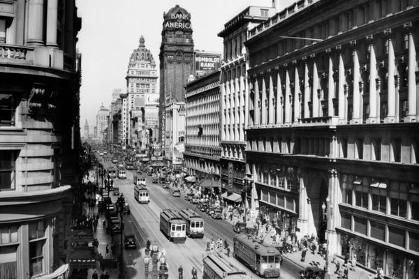 1920s Market Street From Powell Looking Toward The Ferry Building Track For Cable Cars San Francisco California USA