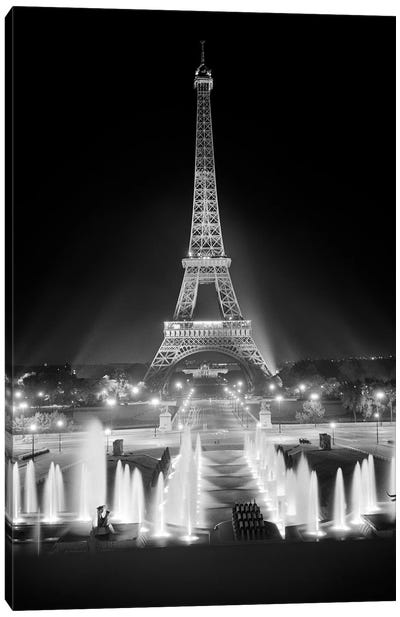 1960s Night Eiffel Tower Across Fountains By Palais du Chaillot Paris Canvas Art Print - Paris Art