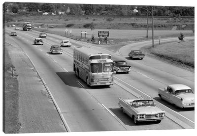 1960s Overhead Of Busy Four Lane Undivided Highway With Convertible Car And Long Haul Passenger Bus Approaching Camera Canvas Art Print - Vintage Images