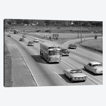 1960s Overhead Of Busy Four Lane Undivided Highway With Convertible Car And Long Haul Passenger Bus Approaching Camera Canvas Print #VTG444} by Vintage Images Canvas Art Print
