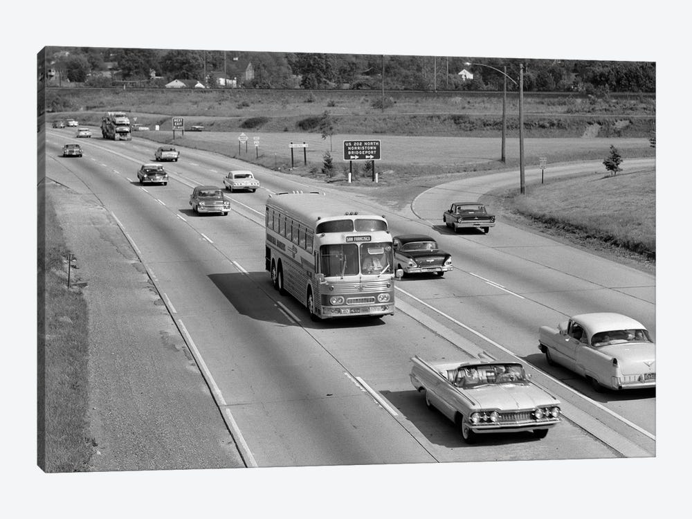 1960s Overhead Of Busy Four Lane Undivided Highway With Convertible Car And Long Haul Passenger Bus Approaching Camera by Vintage Images 1-piece Art Print
