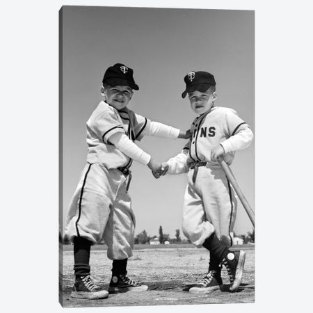 1960s Pair Of Little Leaguers In Uniform Shaking Hands One Holding Bat Looking At Camera Canvas Print #VTG446} by Vintage Images Canvas Print
