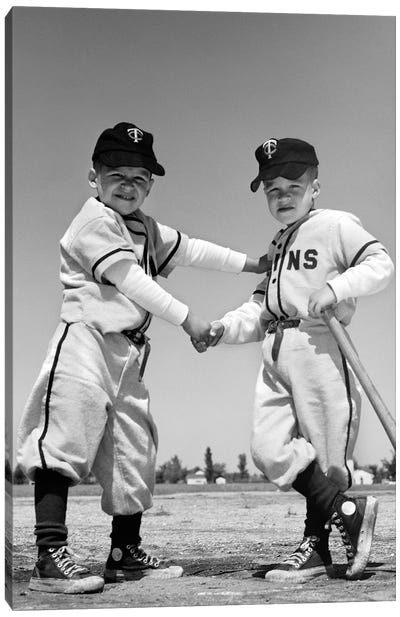 1960s Pair Of Little Leaguers In Uniform Shaking Hands One Holding Bat Looking At Camera Canvas Art Print - Baseball Art