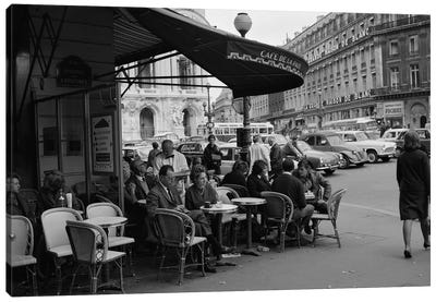 1960s Patrons At Cafe de la Paix Sidewalk Cafe Corner Of Paris Opera House In Background Paris France Canvas Art Print - Vintage & Retro Photography