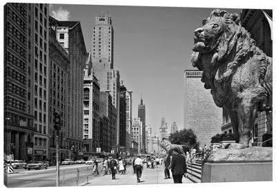 1960s People Pedestrians Street Scene Looking North Past Art Institute Lions Chicago Il USA Canvas Art Print - Vintage Images